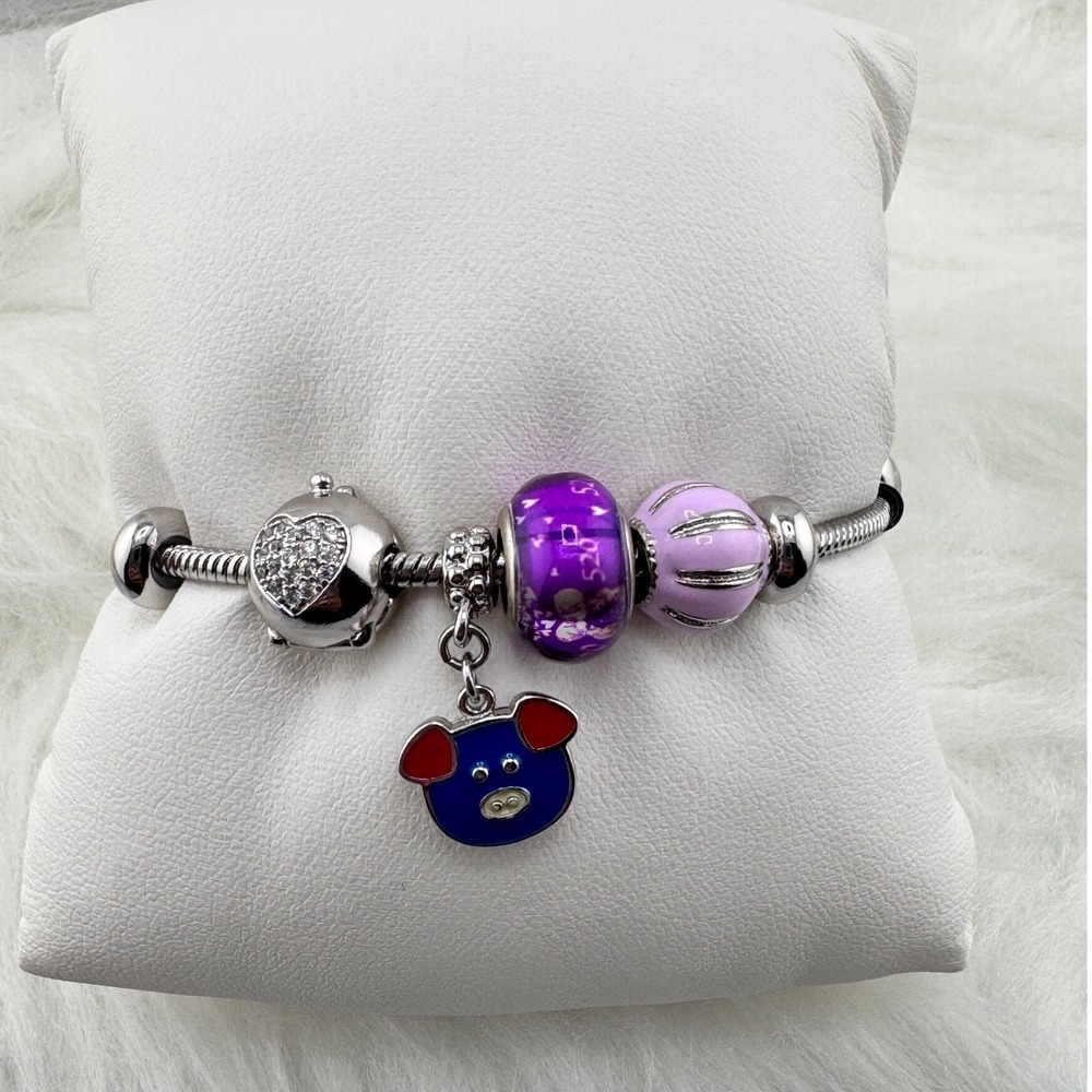 Silver Tone Snake Chain Charm Bracelet Purple Pink Beads Blue Pig Heart Charm